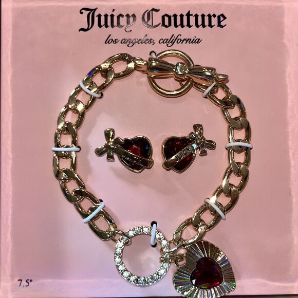 Juicy Couture Jewelry - Juicy Couture Bracelet & Earrings Set Rose Gold Tone Bows Love Red Heart NIB